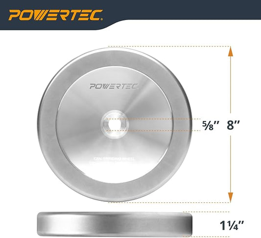 POWERTEC CBN Grinding Wheel 8 Inch 600 Grit, 1-1/4" Wide, 5/8" Arbor ??4-in-1 CBN Sharpening Wheel with 1/4" Radius Edge and Side Face for Bench Grinder (15706)