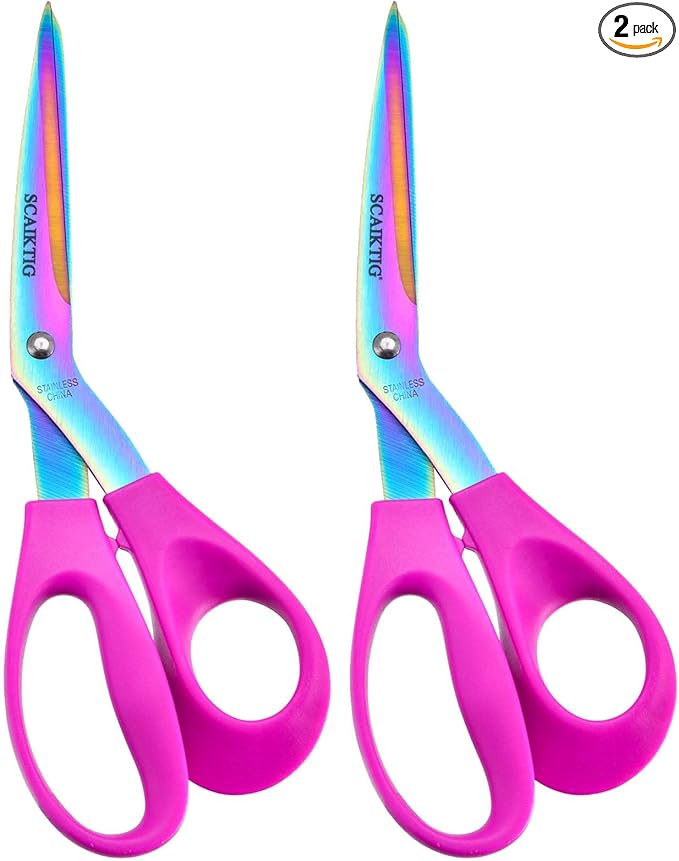 8.5??Bent Fabric Scissors All Purpose Sharp Heavy Duty, Bent Shears for Sewing Crafting Cutting Clothes, Felt, Leather, Paper Supplies, Pink Handle, Titanium Coating Blades, 2-Pack