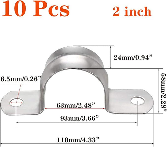 10 Pcs 2inch Rigid Pipe Strap,Two Hole Stainless Steel Strap U Bracket, Widened Tube Strap Tension Clip Assortment Kit Heavy Duty Pipe Clamp（63mm）