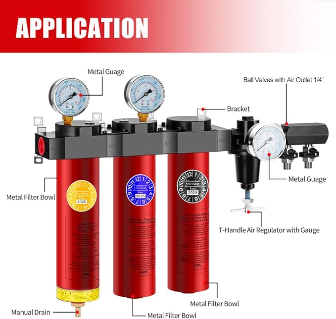 NANPU ZPA-R 3-Stage Air Filtration System with Regulator ??Sintered, Fine & Activated Carbon Filters, 3/8" NPT Inlet, 1/4" NPT Outlet, 127 CFM @ 6 bar, 218 PSI Max, Metal Housing, 248째F Heat Resistant