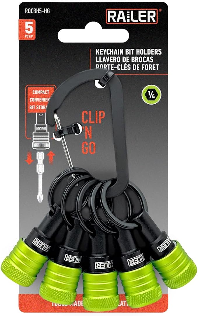 Railer Bit Holder Keychain 5pc - 1/4 inch Hex Shank Bit Holders - Quick Release Bit Holder for Nut Driver, Screwdriver & Drill Bits w/Key Chain Carabiner
