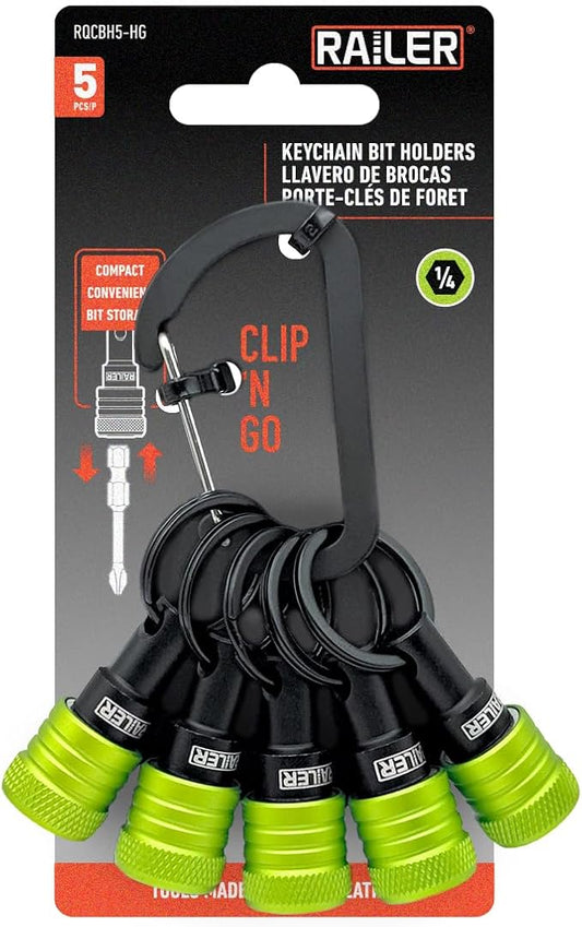 Railer Bit Holder Keychain 5pc - 1/4 inch Hex Shank Bit Holders - Quick Release Bit Holder for Nut Driver, Screwdriver & Drill Bits w/Key Chain Carabiner