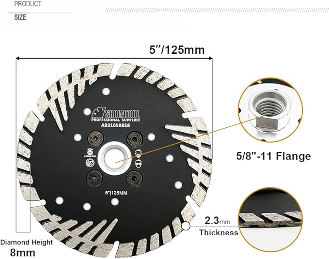 SHDIATOOL Diamond Turbo Blade Dia 5 Inch with Slant Protection Teeth Cutting Stone Granite Marble Concrete Brick with 5/8-11 Thread