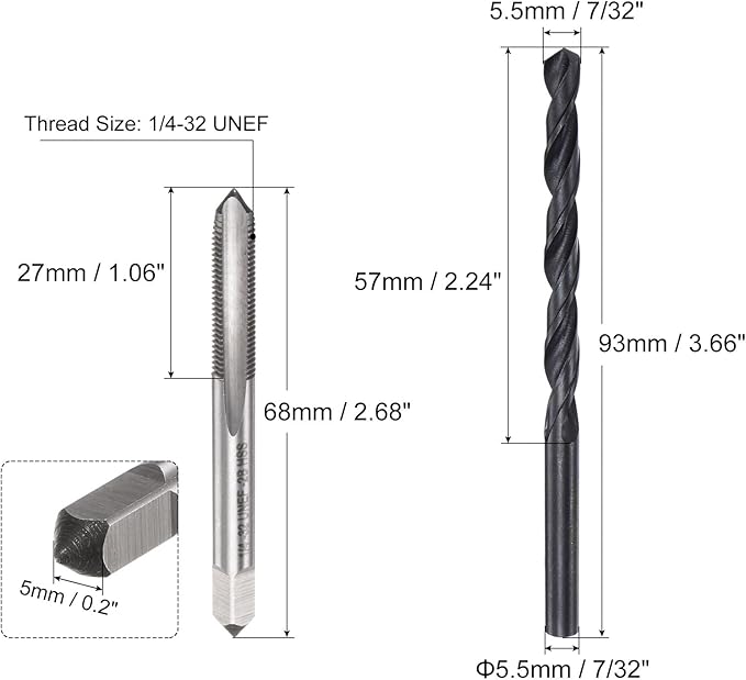 uxcell Tap and Drill Bit Set, 1/4-32 UNEF Thread Tap & 7/32" Black Oxide Twist Drill Bit, Straight Flute Tap Tapping Threading Repair Tool Kit