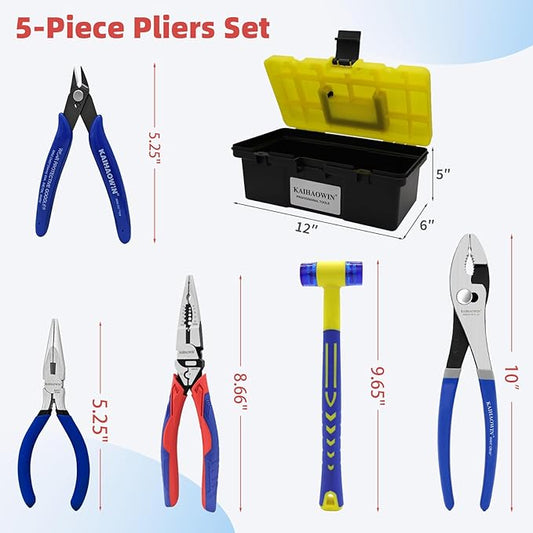KAIHAOWIN 6-Piece Tool Set with Case, 8.8??Long Nose, Slip Joint Pliers,5??Needle Nose, 5" Flush Cutter, Rubber Mallet for Repairing & Home Use