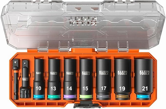 Klein Tools 65109IMPCTM KNECT Deep-Well 3/8-Inch Drive Impact Socket Set, Metric, 9-Piece Tool Set with Impact Driver Adapter, Multi-Purpose Wrench Adapter, Color-Coded, MODbox Socket Organizer
