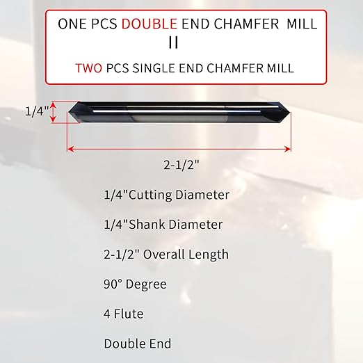 1/4" Chamfer Mill, 4 Flute, 90째 Degree, 2-1/2" Overall Length, Solid Carbide End Mill,1/4"Cutting Diameter,1/4"Shank Diameter, 90째 Chamfer Angle, Chamfer Mill, Double End,AlTiN Coated
