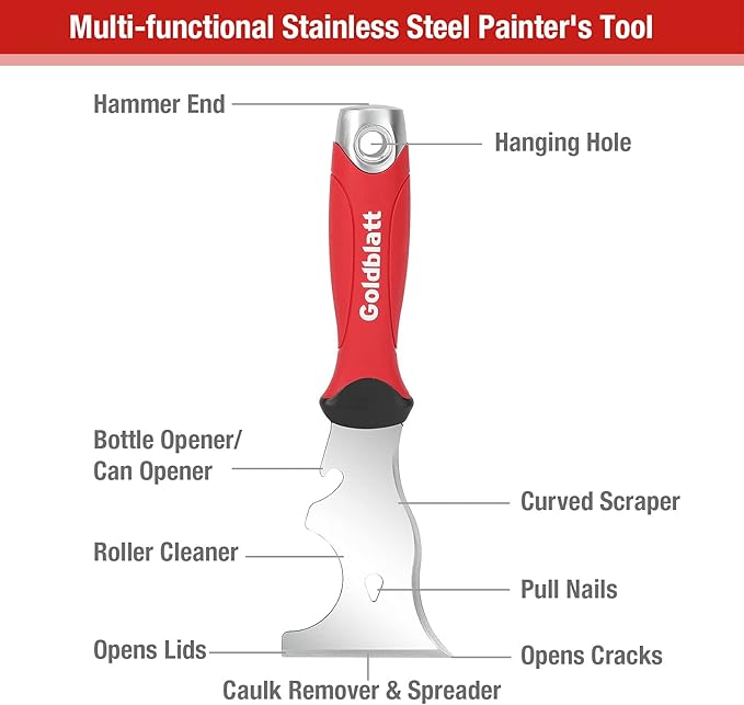 Goldblatt 4-piece Stainless Steel Joint Knife Set, 3-piece 4'', 5'', 6'' Putty Knives and 9-in-1 Multi-Tool Painter Scraper, Soft Handle with Hammer End, for Drywall