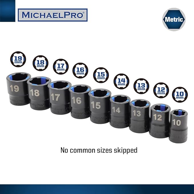 MichaelPro 18-Piece Bolt Extractor Wrench and Socket Set, 45째 Offset Wrenches Metric 6-19mm, 6-Point Box End Nut for Rounded, Stripped & Thin Bolts Removal, CR-V Steel, Extractor Sockets 10-19mm
