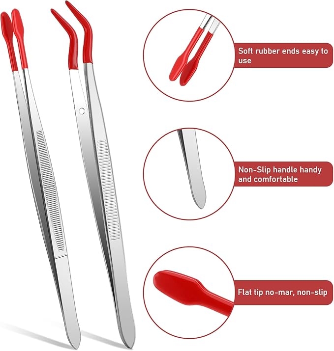 Rubber Tipped Tweezers, 2 Pcs PVC Coated Precision Tweezers Hobby Craft Tweezers Set, Long Bent and Straight Flat Tip Tweezers for Crafts Stamps Coin Beads Jewelry Industrial Electronic Lab (Red)