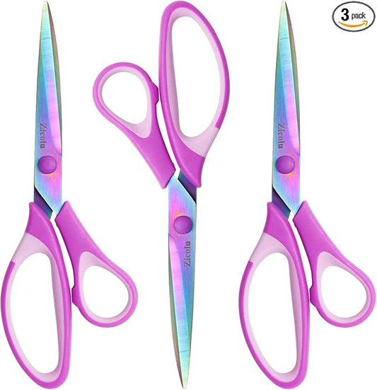 8.5" Scissors All Purpose, Multipurpose Office Scissors Set of 3 Pack, Titanium Coating Sharp Blade, Soft Comfort-Grip, Ideal for Fabric, School, Home, Craft & Sewing, Right/Left Handed, Purple