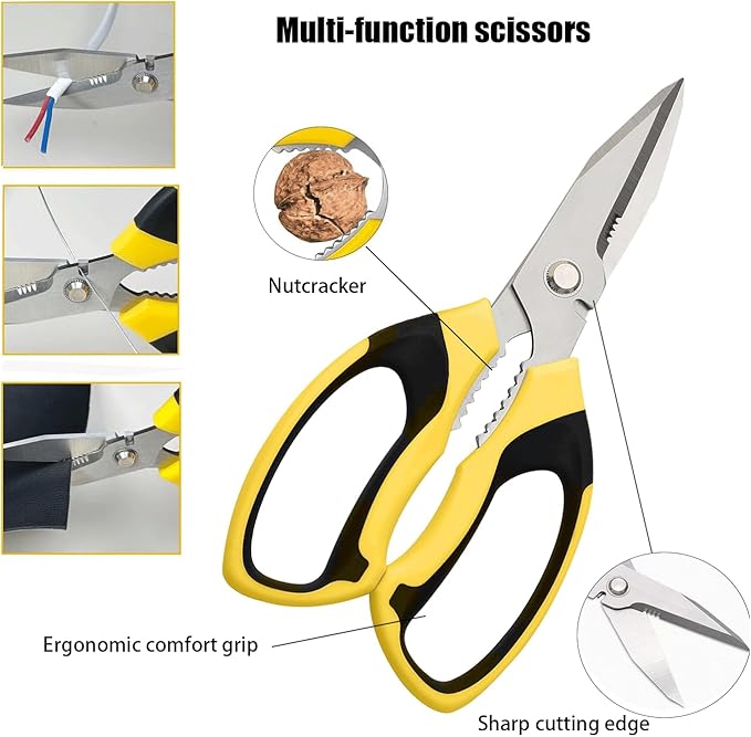 Utility Scissors all Purpose Heavy Duty, 8-Inch sharp Scissors with Protective Cover, Stainless Steel Serrated Blades Cut Cardboard, Wire, Leather, Fabric, Nutcracker - Yellow