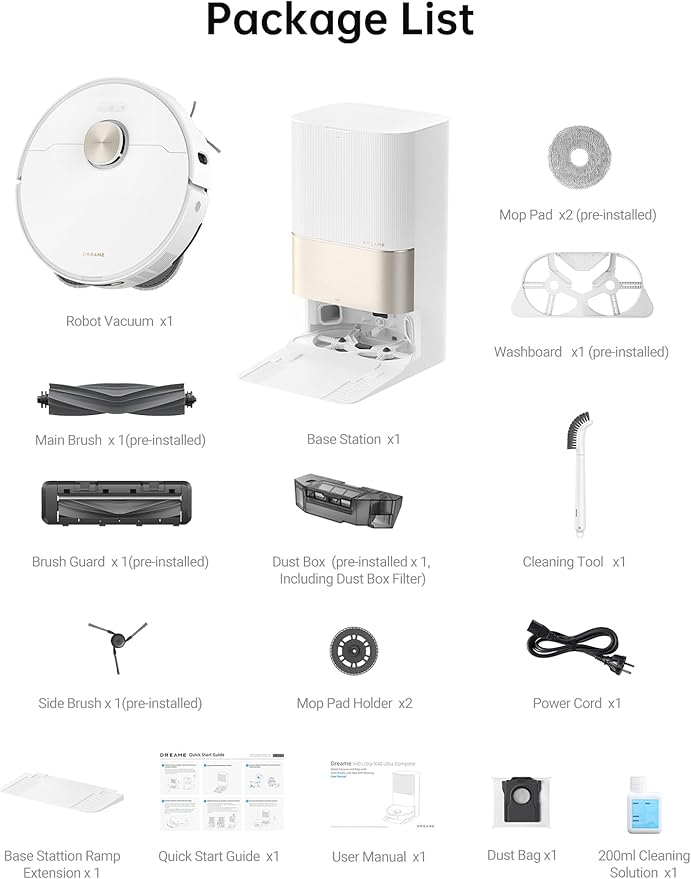 DREAME X40 Ultra Robotic Vacuum with Removable & Liftable Mop, 12,000Pa Suction, Side Brush Extensive Cleaning, 158째F Mop & Washboard Self Cleaning, Auto-Empty, Auto Refill, liftable Brushes White