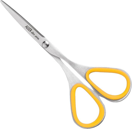ALLEX Mini Skinny Scissors for Office 3.9", All Purpose Slim & Thin Low Profile Scissors, Made in JAPAN, All Metal Sharp Japanese Stainless Steel Blade with Non-Slip Soft Ring, Yellow