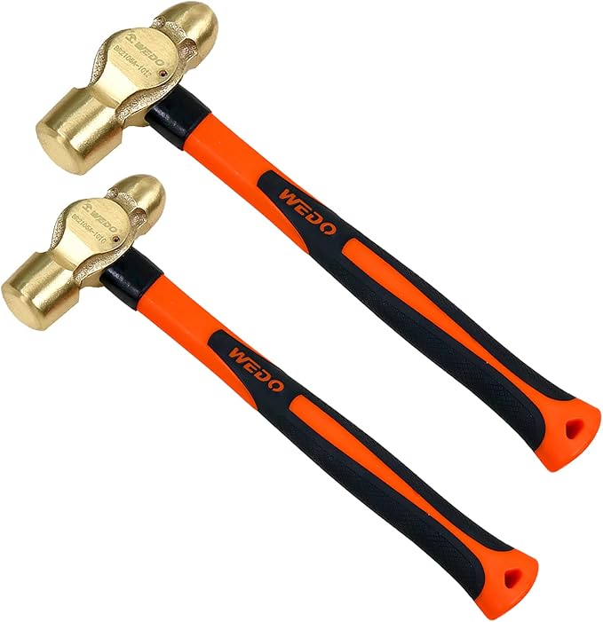 WEDO 2PCS Brass Ball Peen Hammer Set, 32oz+40oz(2lb+2-1/2lb)), Brass Ball Pein Hammer Set with Fiberglass Handle, Die-Forged, Corrosion Resistant, DIN Standard