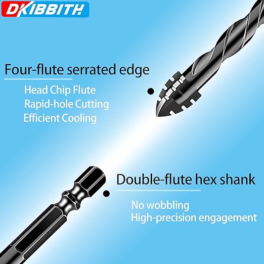 DKIBBITH 4-Flute Serrated Masonry Drill Bit Set,11-Piece Black - 3/16" to 1/2" for Concrete, Tile, Brick, Glass, Ceramic,Wood.