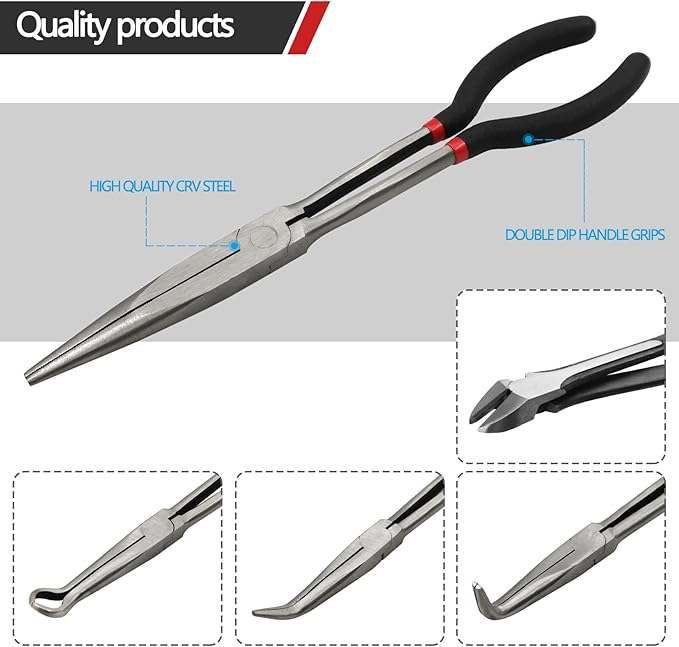 5-Piece 11" Extra Long Needle Nose Pliers Set with Insulated Comfort Grip, Straight Long Reach Plier, 45/90째Bent Nose Pliers,O-shaped nose plier,Diagonal Plier for Bending Shaping Trimming