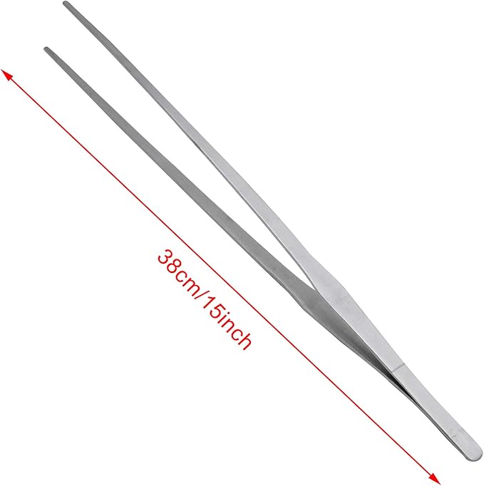 15 Inch Stainless Steel Tweezers, Non-Slip Long Straight Tweezers Tongs Tool with Precision Serrated Tips for Aquarium, Garden, Kitchen