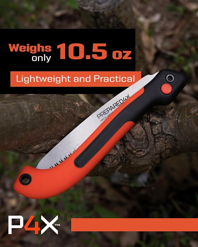 Prepared4X Folding Saw - 8.5" Camping Saw for wood cutting -Heavy Duty, Lightweight SK-5 Steel Blade with Safety Lock, Ergonomic Non-Slip Grip