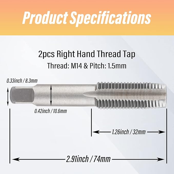 Qjaiune 2pcs M14x1.5 Tap, M14 Metric Thread Tap Right Hand Thread Tapping Tool, HSS Thread Milling Taps (M14 x 1.5, Taper & Plug Tap)