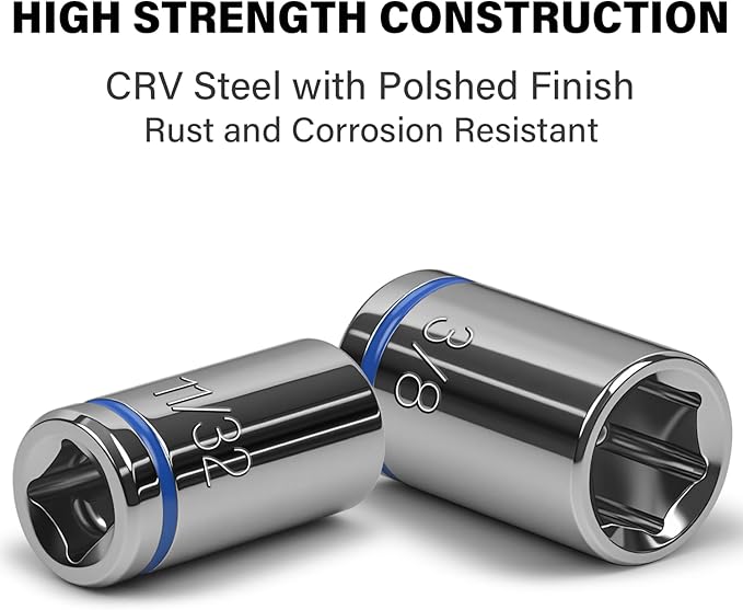 1/4" Drive SAE Master Socket Set, 13-Piece Shallow Hex Socket Set (1/8" - 5/8"), Cover Most Commonly Sizes, 6 Point, Chrome Vanadium Steel with Molded Case