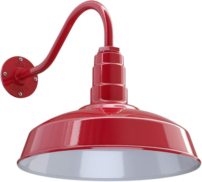 Steel Lighting Co. | Dusk to Dawn | Gardena Barn Light | Outdoor Wall Mounted | 16" Dome | 16" Gooseneck | Farmhouse Light Made in America | Red Exterior/White Interior