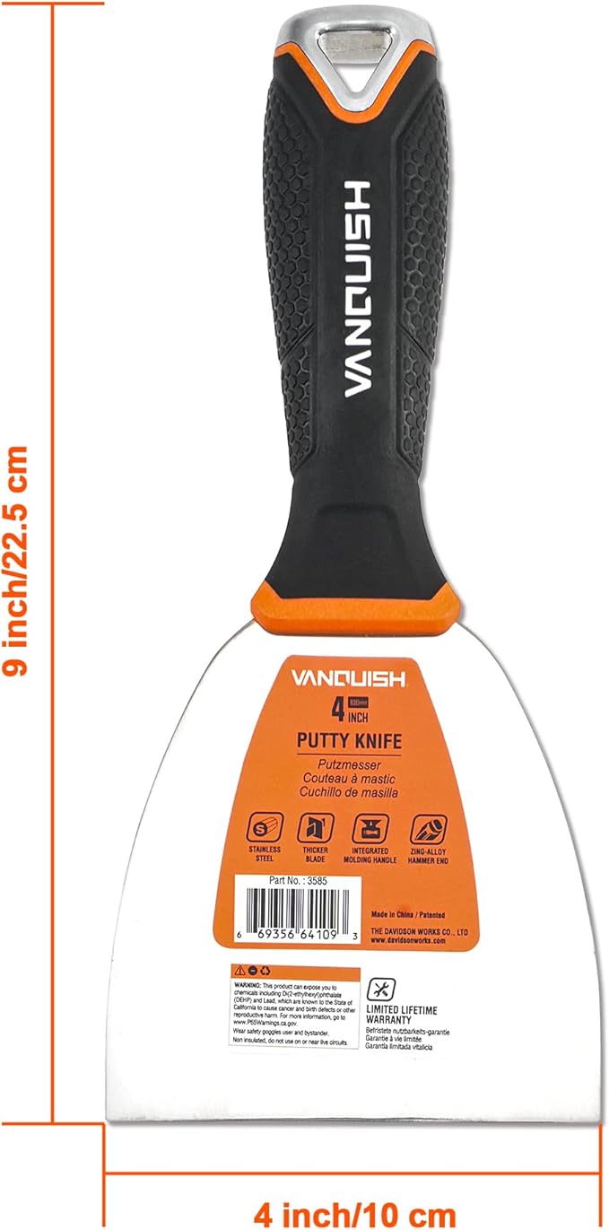 VANQUISH Stainless Steel Putty Knife, 4 Inch Paint Scraper with Soft Grip Handle and Metal Hammer End for Drywall Spackle, Taping, Scraping Paint 3585
