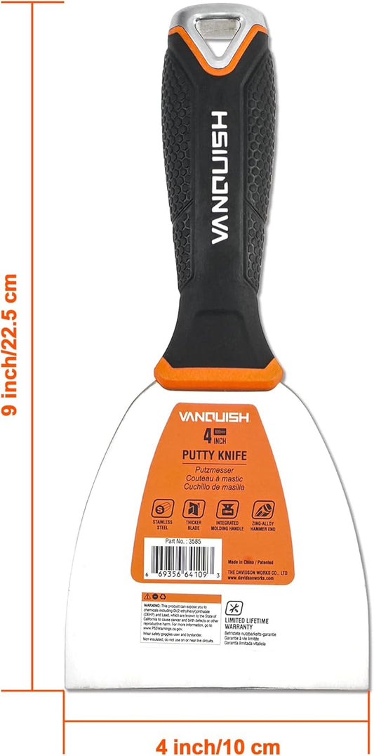 VANQUISH Stainless Steel Putty Knife, 4 Inch Paint Scraper with Soft Grip Handle and Metal Hammer End for Drywall Spackle, Taping, Scraping Paint 3585