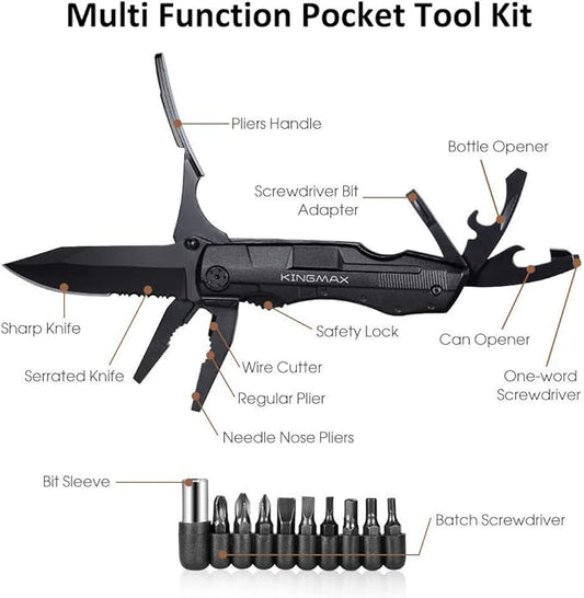 KINGMAX Pocket Knife,Multitool Tactical Knife with Blade,Saw, Plier, Screwdriver, Bottle Opener,Folding Knife Built with Full Stainless Steel,Perfect Tool for Men,Camping,Emergency,Outdoor,Daily Use.