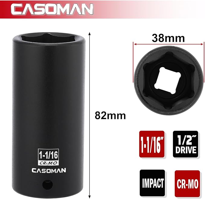 CASOMAN 1/2" Drive x 1-1/16" Deep Impact Socket, 6-Point, SAE, CR-MO