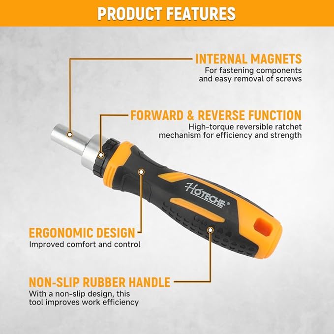 Hoteche 31-Piece Ratcheting Screwdriver Set ??Magnetic Bit Driver with 30 CR-V Bits (6.35횞25mm) | Reversible Ratchet, Ergonomic Handle, Storage Case for Home, DIY, and Workshop