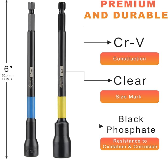 AEROFORCE 16PCS Magnetic Nut Driver Set for Impact Drill, 6 Inch Extra Long Nut Drivers with Sturdy Tool Box, SAE/Metric 1/4" Hex Shank Socket Set for Drill, DIY and Repair Car