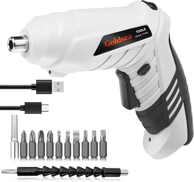 Electric Screwdriver Cordless, Goldsea 4.2V 3.5N.m 1500mAh Battery Rechargeable via Type-c, 1/4" 10pcs Magnetic Bits, Hex Chuck, 90째 to 180째 Adjustable Handle, LED Light for Home DIY & Repairs-Gray