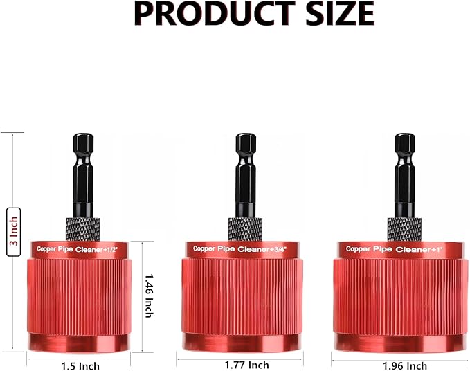 1/2" & 3/4" & 1" Copper Pipe Cleaner Set for Drill, with 1/4" Hex Shank & 15 Brush Blades Plumbing Tools for Removing Rust, Stains & Paint from Copper & Metal Pipes (red-1)