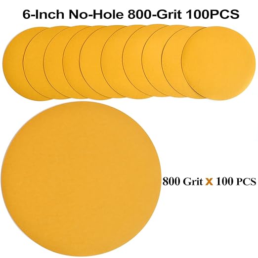 6-Inch No-Hole Hook and Loop Sanding Discs 800-Grit, Random Orbital Sandpaper for Automotive and Woodworking, 100-Pack