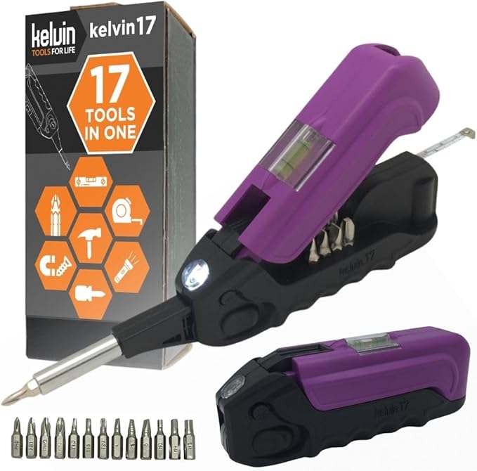 Kelvin Tools - Kelvin 17 Urban Screwdriver Set, All in One Everyday Multitool Screwdriver, Multi-Tip, Compact & Universal Precision, 13 Bit Set with Tape Measure, Liquid Level, Hammer and Flashlight