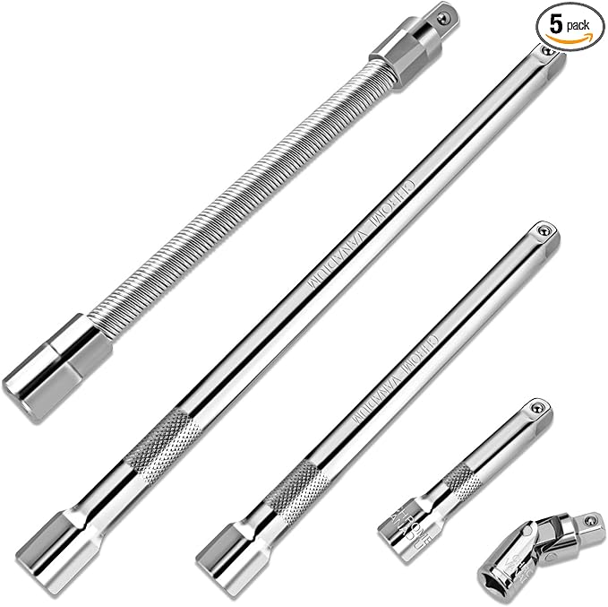 5-Piece 1/4 Inch Drive Extension Bar Set, Includes 2, 4, and 6 Inch Extensions, 1/4 Inch Drive Universal Joint Socket and Flexible Socket Extension Bar