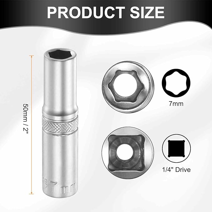 HARFINGTON 6 Points Deep Socket 1/4" Drive 7mm Deep Metric CR-V Steel Polished Nickel Plating Flip Sleeve 50mm / 2" Extra Long Socket Tool for Home Auto Nuts Bolts Repair