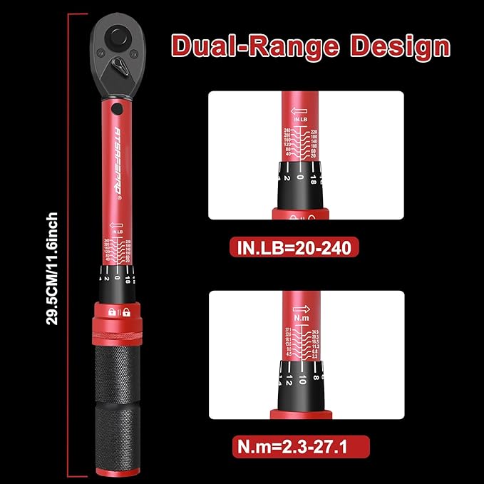ATsafepro 1/4" Torque Wrench (20-240 in-lb / 2.3-27.1 Nm) -Dual Scale, 72-Tooth Ratchet, 짹3% Pre-Calibrated Accuracy, Suitable for Bike & Bicycle Maintenance