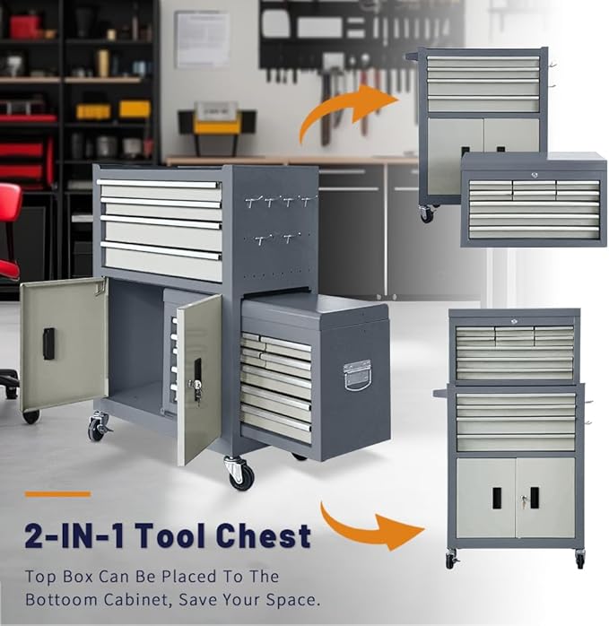 13-Drawer Rolling Tool Chest with Double Doors, 2 in 1 Detachable Rolling Tool Chest with Drawers, Mobile Tool Cabinet Combo, Metal Large Lockable Tool Box for Garage Workshop (Gray)