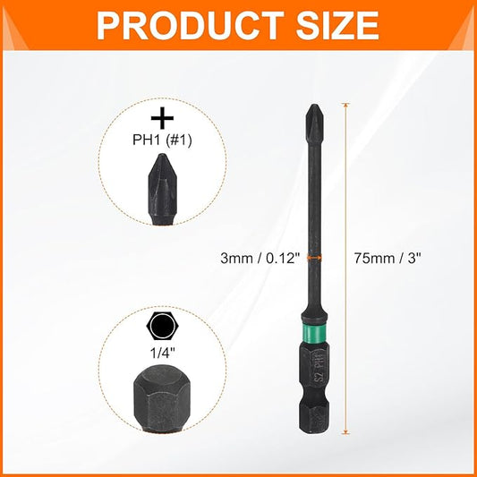 HARFINGTON 3pcs #1 Impact Phillips Screwdriver Bit PH1 1/4" Hex Shank 3" (75mm) Long 0.12" Rod Magnetic Cross Head Drill Bits S2 Steel Industrial Screw Driver for Impact Power Drivers