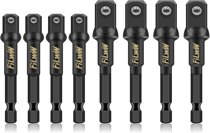 Impact Grade Socket Adapter Set, 4 Pack 3/8 and 4 Pack 1/2 Inch Socket Adapters, Hex Shank, Chrome Vanadium Steel, Impact Ready