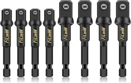 Impact Grade Socket Adapter Set, 4 Pack 3/8 and 4 Pack 1/2 Inch Socket Adapters, Hex Shank, Chrome Vanadium Steel, Impact Ready