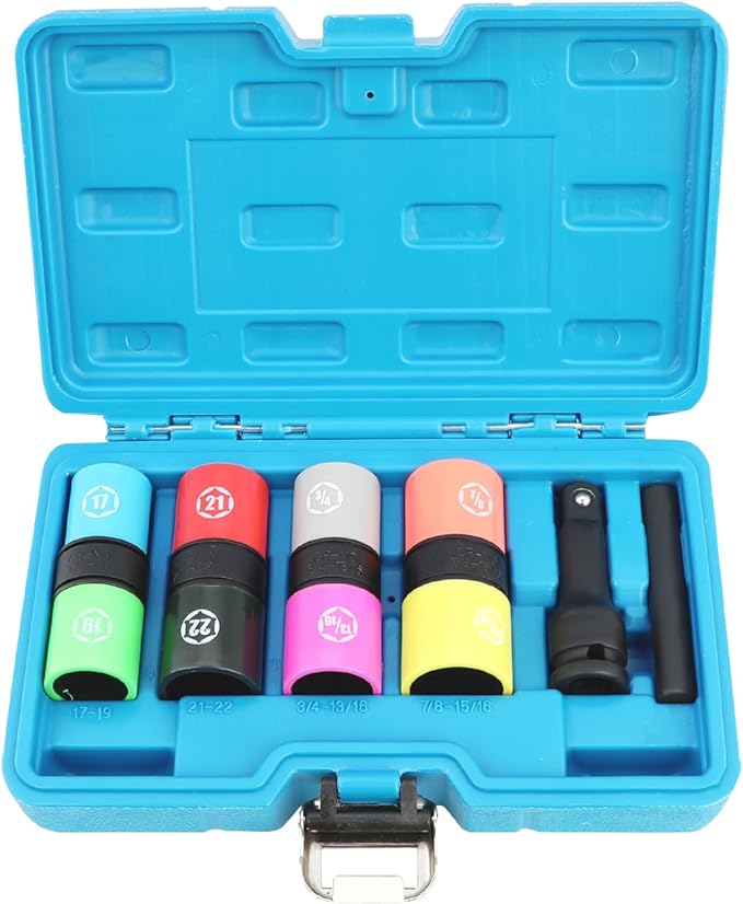 DPTOOL Lug Nut Socket Set 1/2" Drive Wheel Impact Flip Socket Set with Metric 17 19 21 22 MM & SAE 3/4 13/16 7/8 15/16 in. Sockets Non-Marring Thin Wall Lug Nut Removal Tool