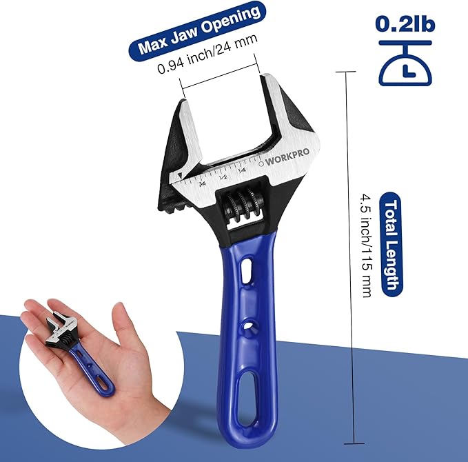 WORKPRO 4-Inch Stubby Adjustable Wrench, 0.94-Inch Extra Wide Jaw Opening Wrench, Metric/SAE Scales, Cr-V Steel, Ideal for Work in Confined Spaces