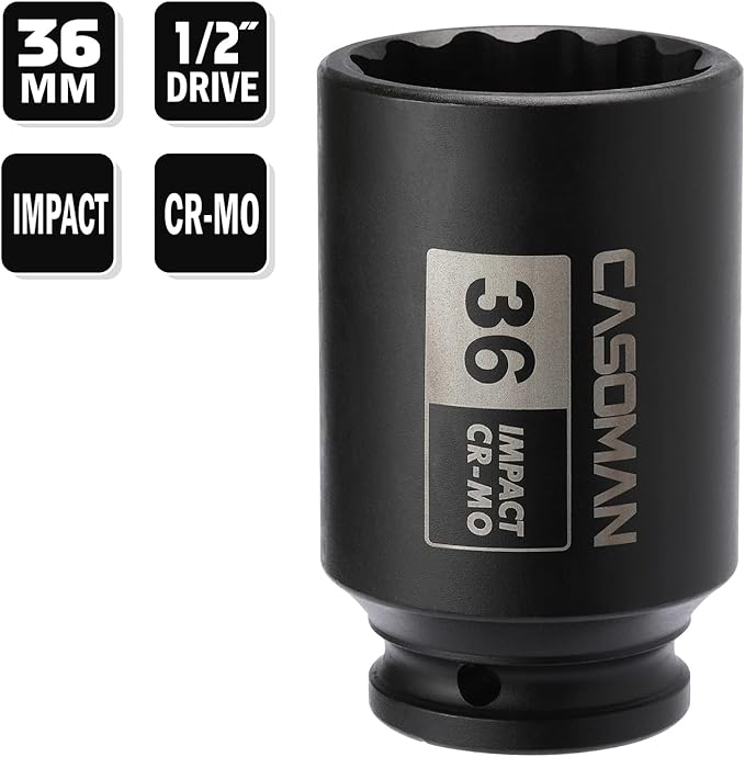 CASOMAN 1/2" Drive x 36 mm Deep 12 PT Impact Socket, CR-MO, 1/2-inch Drive 12 Point Axle Nut Socket for Easy Removal of Axle Shaft Nuts (36MM)