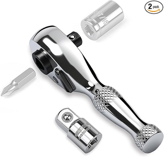 HORUSDY 1/4-Inch Stubby Ratchet Wrench Set, Chrome Alloy 90-Tooth Reversible 1/4" Drive Handle with Magnetic Bit Driver & 1/4" to 3/8" Adapter, Compact Socket Wrench for Tight Spaces, Auto, DIY
