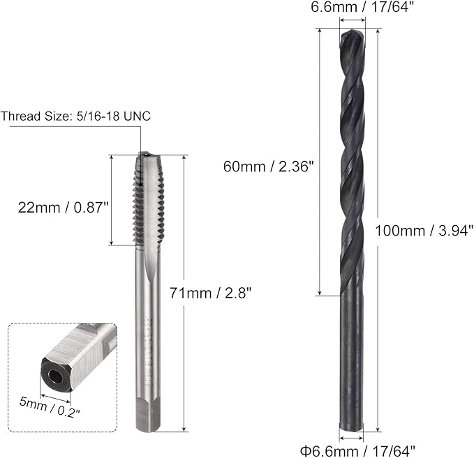 uxcell Tap and Drill Bit Set, 5/16-18 UNC Thread Tap & 17/64" Black Oxide Twist Drill Bit, Straight Flute Tap Tapping Threading Repair Tool Kit