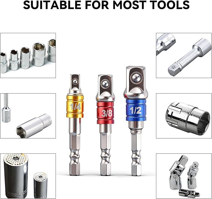 3PCS Hex Shank to Square Heavy Duty Socket Adapter Set, Impact Grade Drill Socket Adapter (1/4", 3/8", 1/2"), Anti-Slip Detent Ball, drill Attachments for Power Drill & Impact Driver