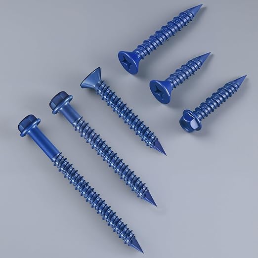 100Pcs 3/16 x 2-1/4 Inch Concrete Screws Anchor with Drill Bit, Blue Flat Head Masonry Brick Stucco Cement Block Screws, Diamond Point